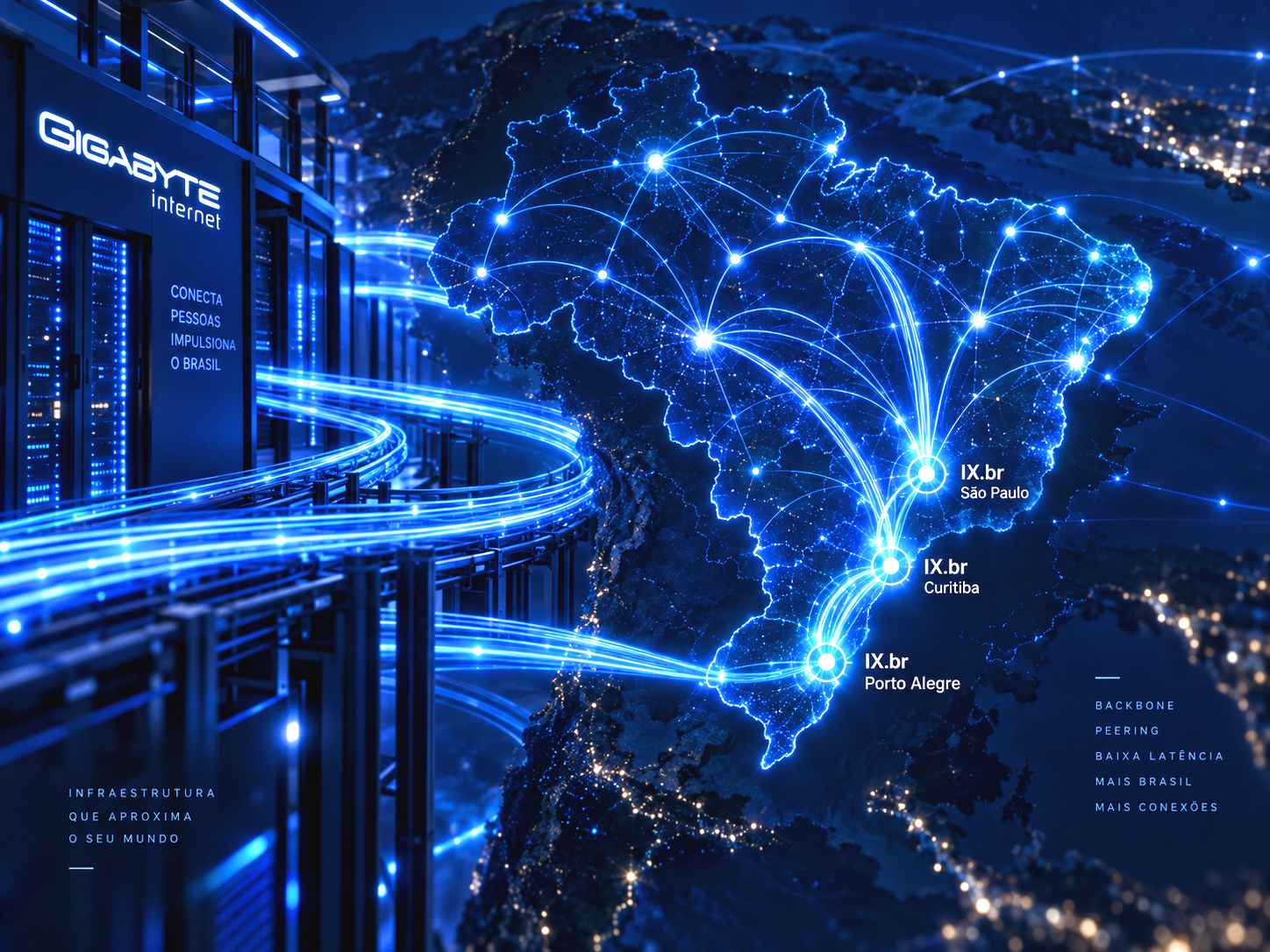 Mapa tecnológico do Brasil com backbone da Gigabyte e pontos IX.br